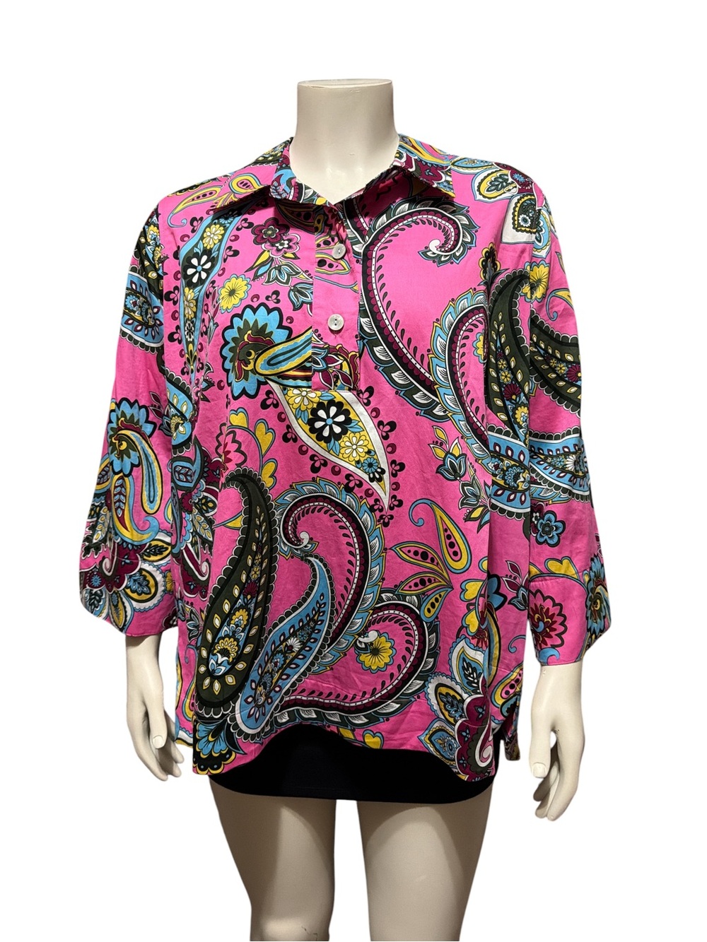 NWT Ali Miles 1X Pink Paisley Floral Cotton Button Front Blouse Top 3/4 Sleeve